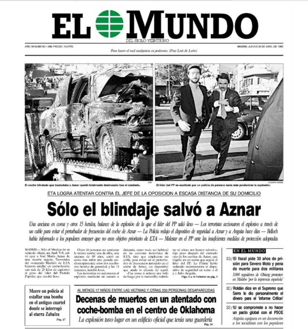 La portada de "El Mundo" con el atentado a José María Aznar - Política