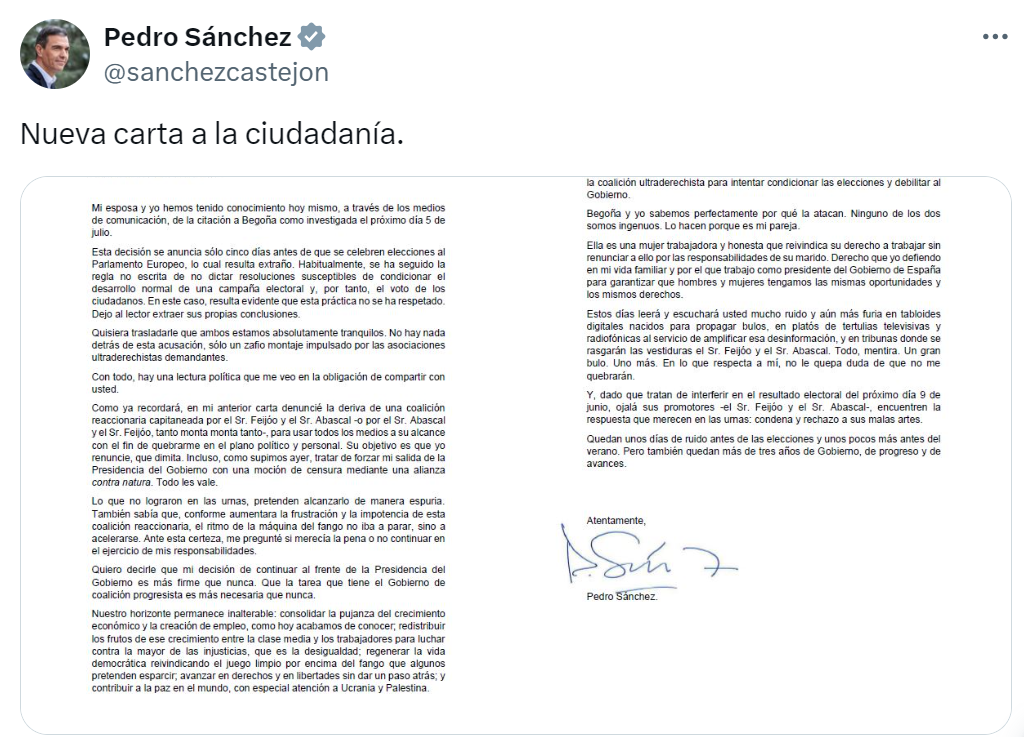 Una captura de la nueva carta de Pedro Sánchez