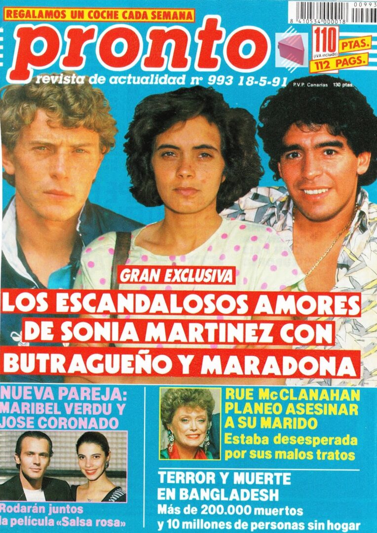 Revista 'Pronto' de 1991, donde se le atribuyen a Sonia Martínez romances con Maradona y Butragueño