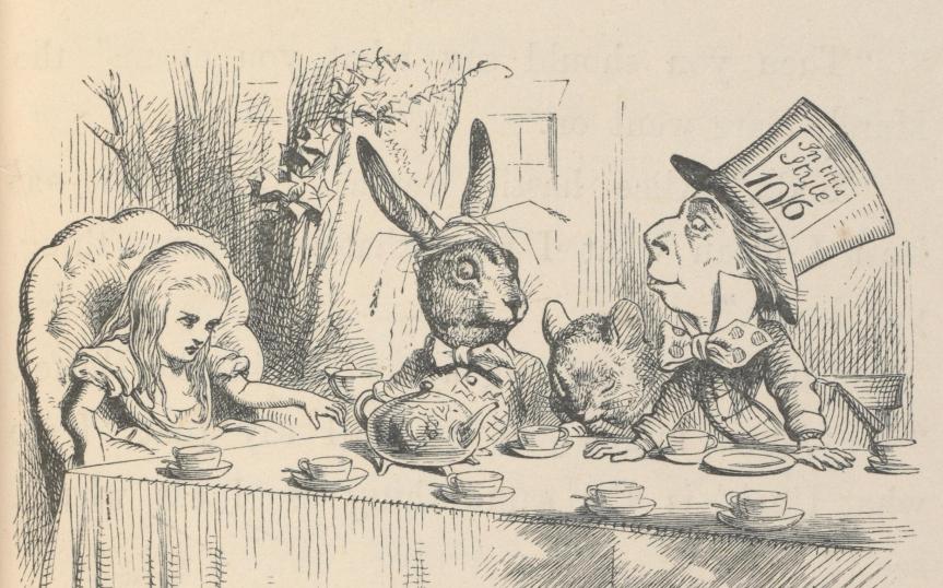 Alicia en la fiesta del té del Sombrerero Loco, ilustración para Alicia en el País de las Maravillas de John Tenniel, 1865