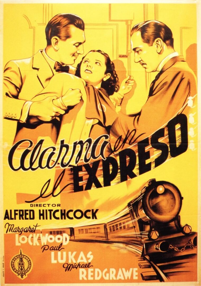 Cartel español de Alarma en le expreso, de Hitchcock, sobre novela de E. L. White