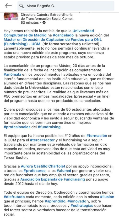 Imagen del perfil de Linkedin de Begoña Gómez, donde explica la cancelación de su máster en la Universidad Complutense de Madrid