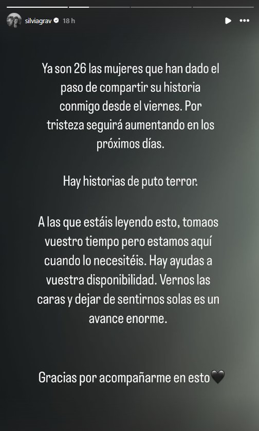 El story de Silvia Grav en el que confirma que ya le han llegado 26 testimonios de personas presuntamente acosadas por Eduard Cortés