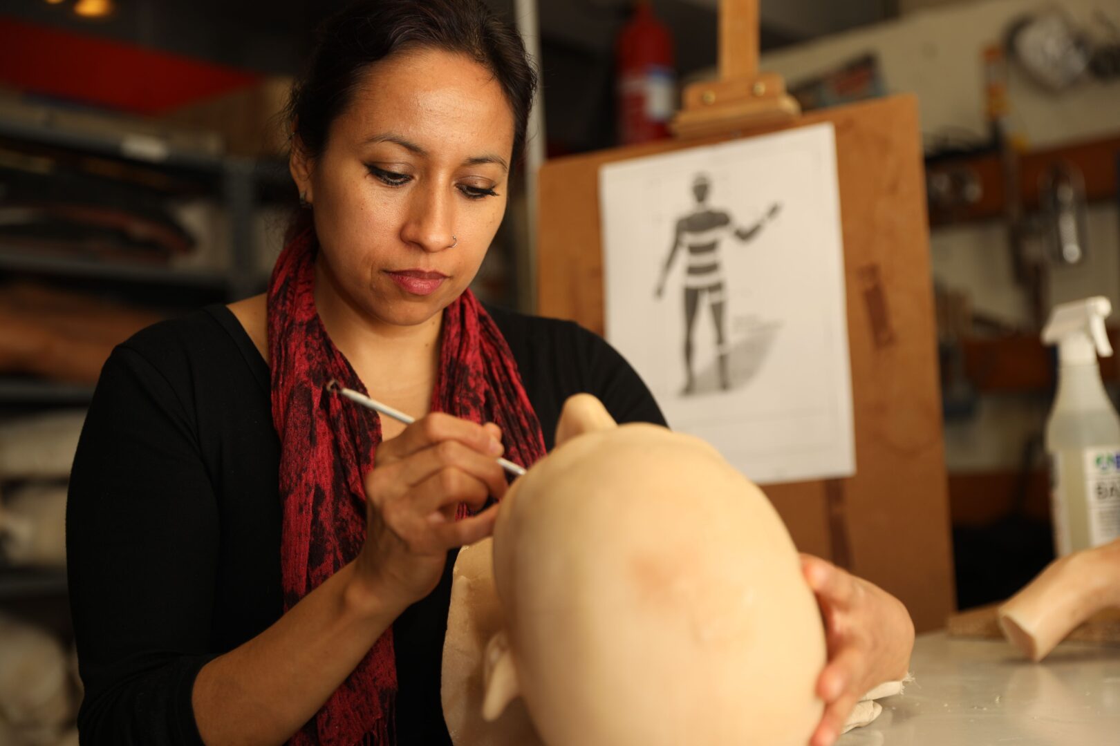 La escultora Elsa Neri trabaja sobre una escultura