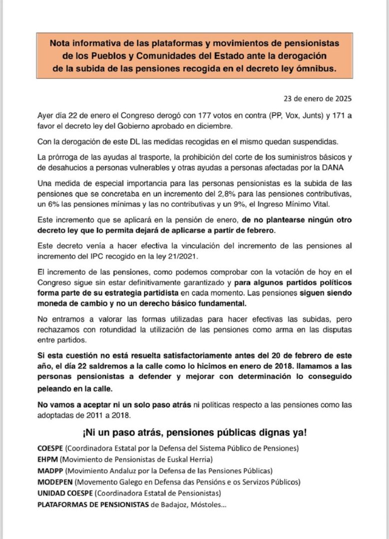 ¿Bajan las pensiones en febrero? Los pensionistas amenazan con una gran manifestación