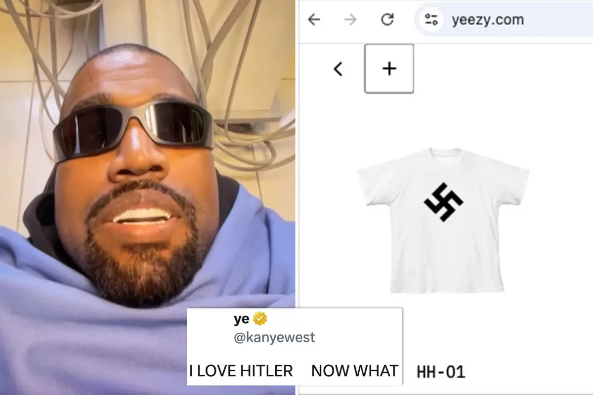 Kanye West, la camiseta con la esvástica que ha puesto a la venta en Yeezy y uno de sus tuits declarando su amor por Hitler